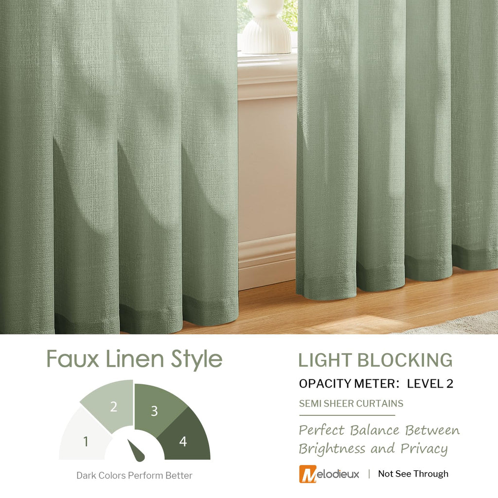 Melodieux Sage Green Semi Sheer Curtains 63 Inches Long For Living Room, Linen Texture Bedroom Privacy Window Sheer Drapes Rod P
