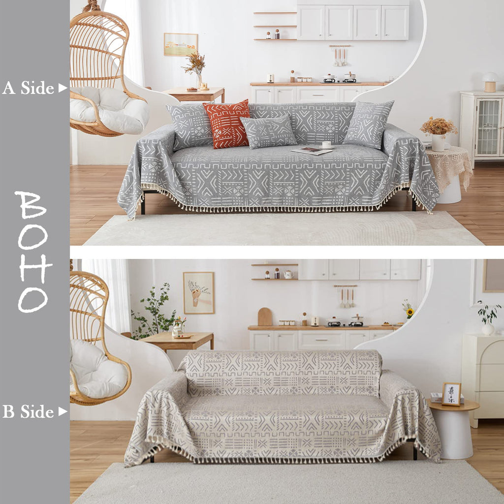Handontime Bohemian Grey And White Couch Cover For Dogs Aztec Tribal Sofa Covers For 3 Cushion Couch Aesthetic Tassel Couch Slipcover Sofa Seat Cover Universal Loverseat Cover Futon Cover, 71' X134'