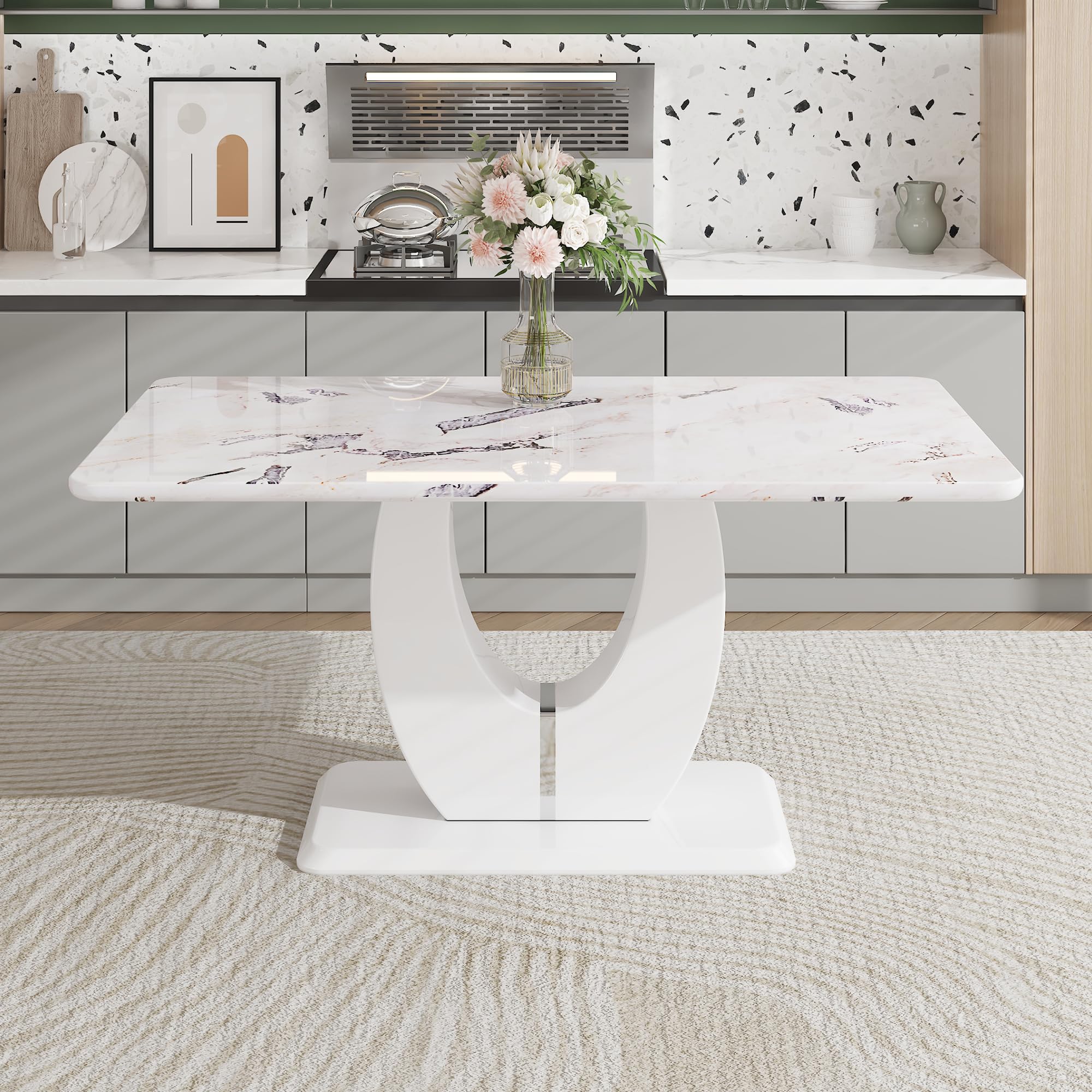 JUFU Modern Dining Table Set for 6,Rectangula Kitchen Table Set with Faux Marble Tabletop& Ideal for Dining Room, Kitchen