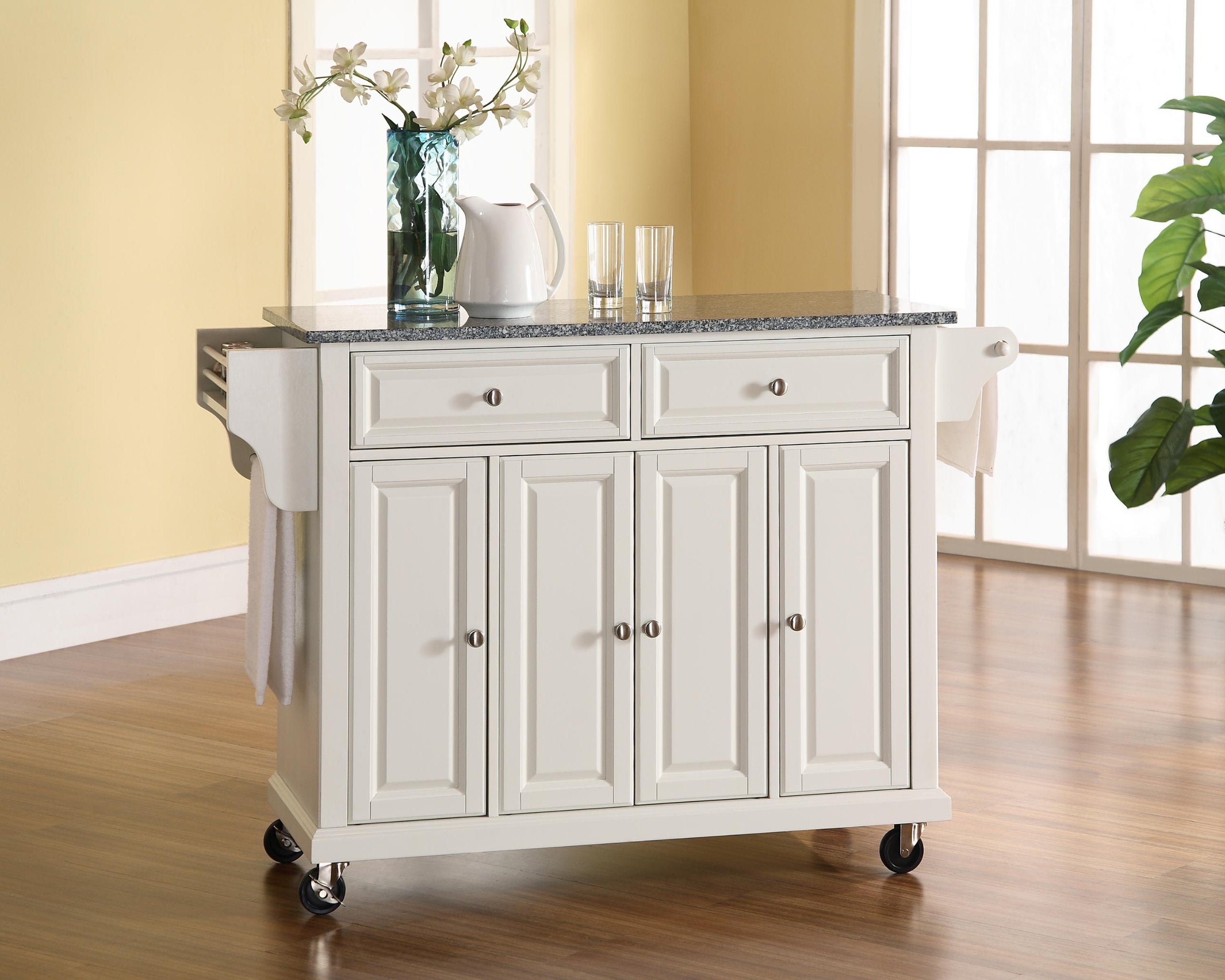 Crosley Furniture Full Size Granite Top Rolling Kitchen Island Storage Cart, Microwave Stand, Spice Rack, White
