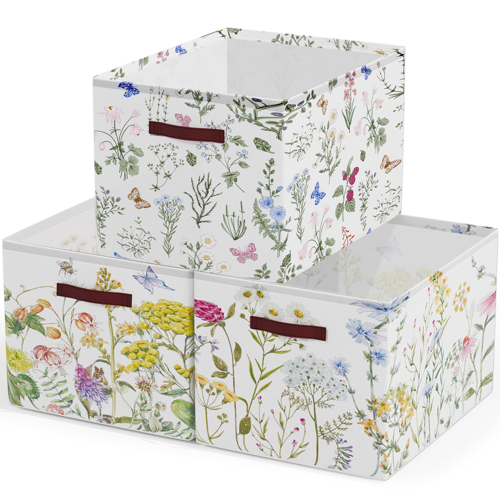 Boao 3 Pack Floral Storage Basket with Handles Herbs Flowers Collapsible Large Canvas Storage Bin Laundry Basket Foldable Storag