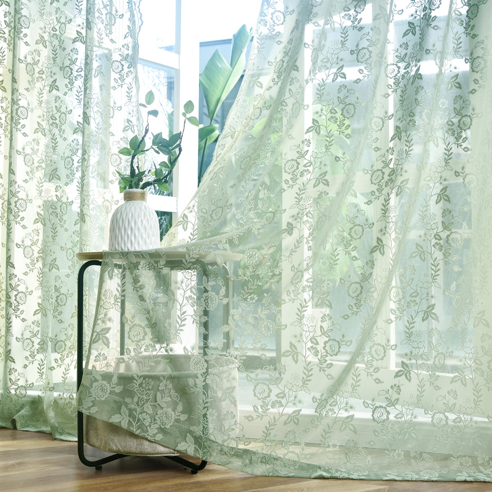 Sage Green Sheer Curtains 102 Inches Long 2 Panels Set Country Rustic Leaf Floral Spring Window Sheer Lace Curtains for Living R