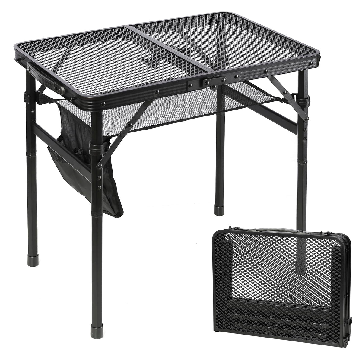 SKIKEN Small Floding Grill Table with Mesh Layer, 2 Height Adjustable, Portable & Lightweight Metal Camping Table for Outdoor, B