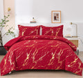 Wongs Bedding Red Gold Metallic Marble Comforter Set Queen,Red Christmas Bedding Sets With 2 Pillowcases For All Seasons, Soft M