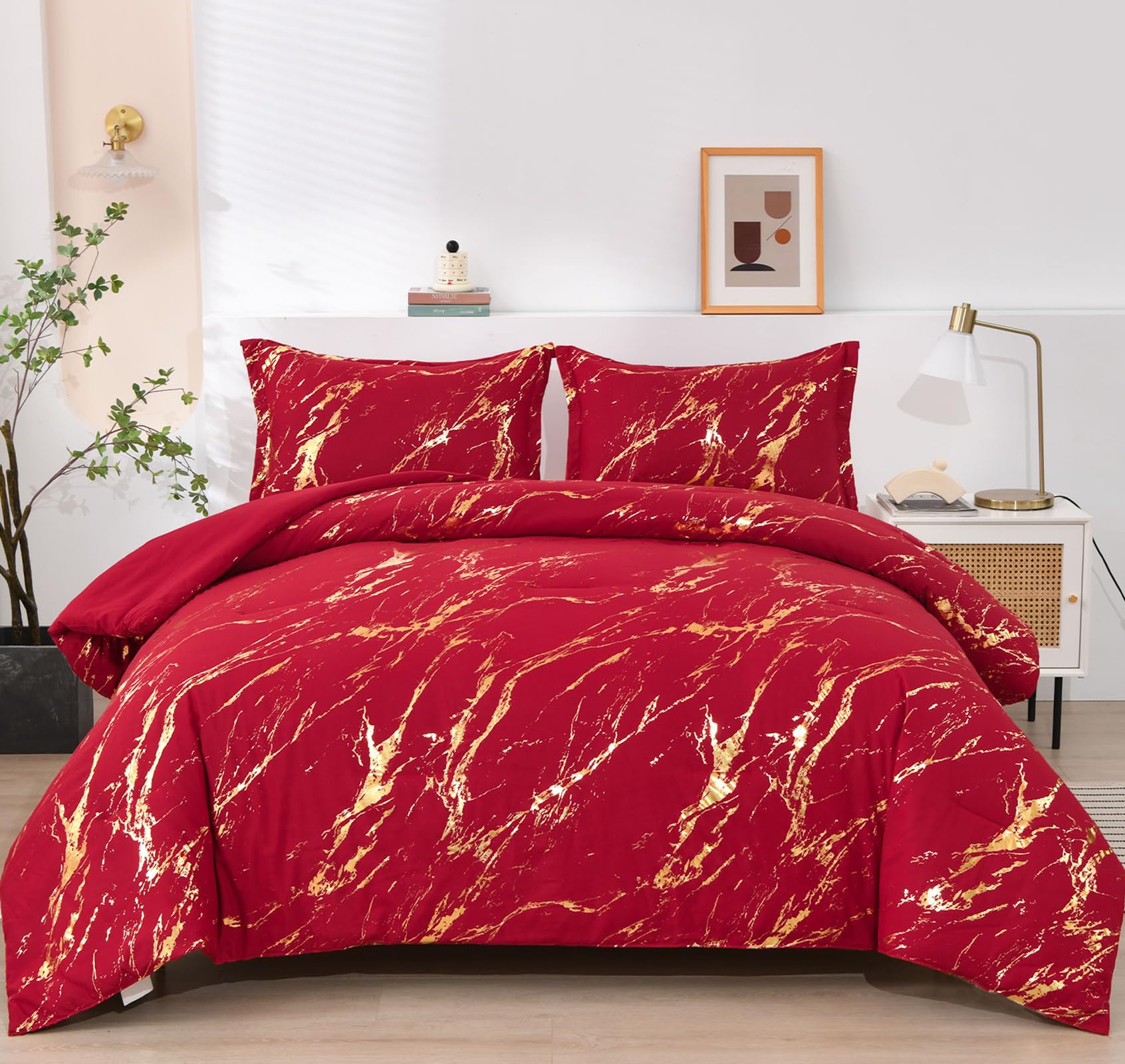Wongs Bedding Red Gold Metallic Marble Comforter Set Queen,Red Christmas Bedding Sets With 2 Pillowcases For All Seasons, Soft M