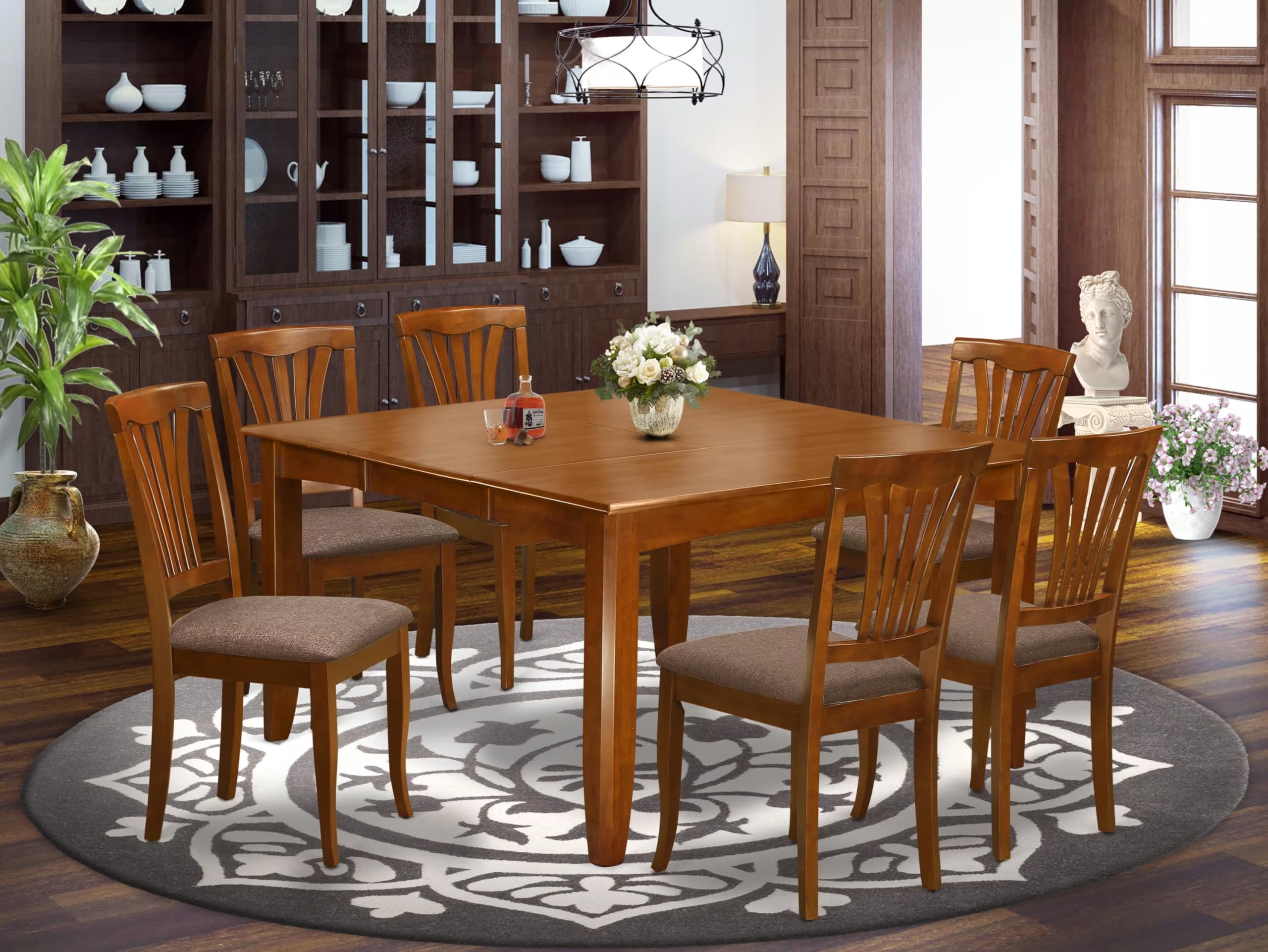 East West Furniture PFAV7-SBR-C 7 Piece Kitchen Table & Chairs Set Consist of a Square Dining Room Table with Butterfly Leaf and 6 Linen Fabric Dining Chairs, 54x54 Inch, Saddle Brown
