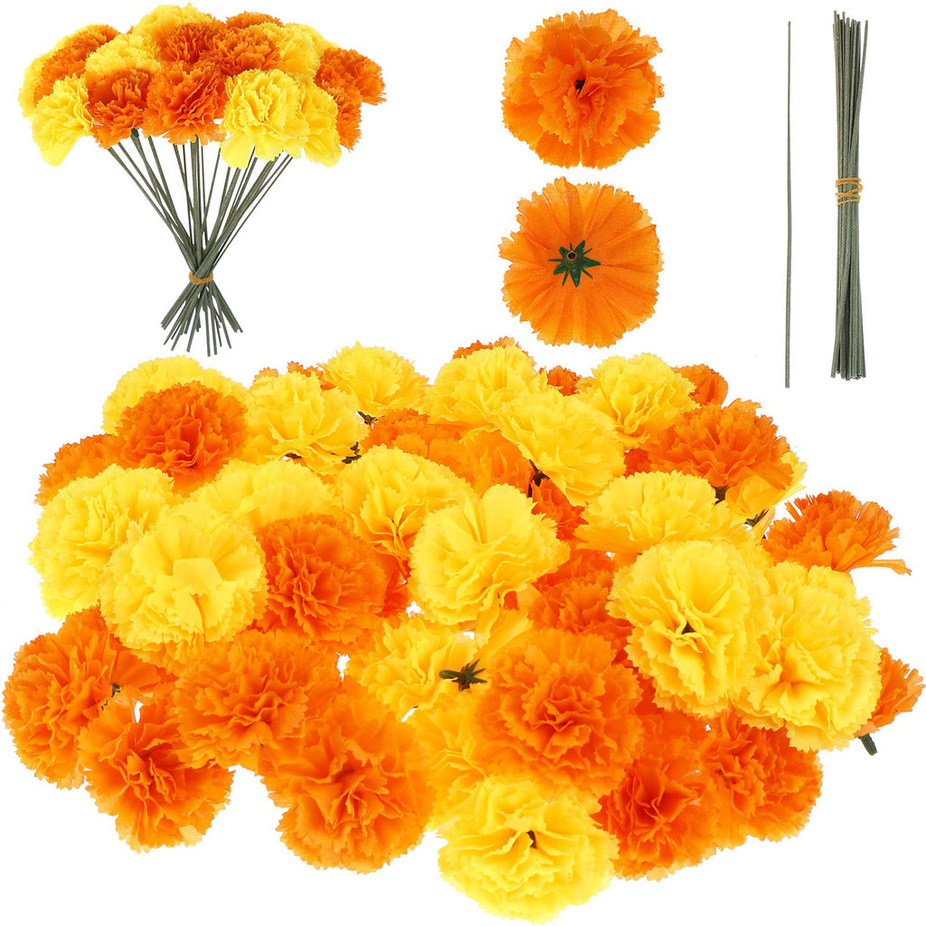 TBoxBo Artificial Marigold Flower Heads Bulk Bunch Fake Halloween with Stems for Party Birthday Diwali Decoration(Gold and Orang