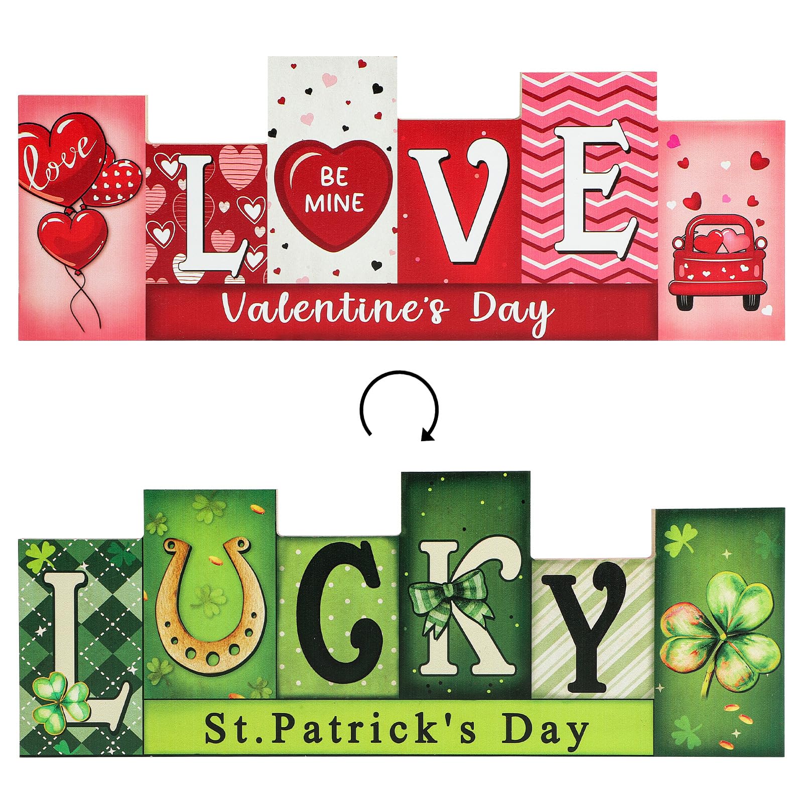 Valentines Day Wooden Table Sign St. Patricks Day Decorations LUCKY LOVE Reversible Tabletop Decor Rustic Double-sided Differen