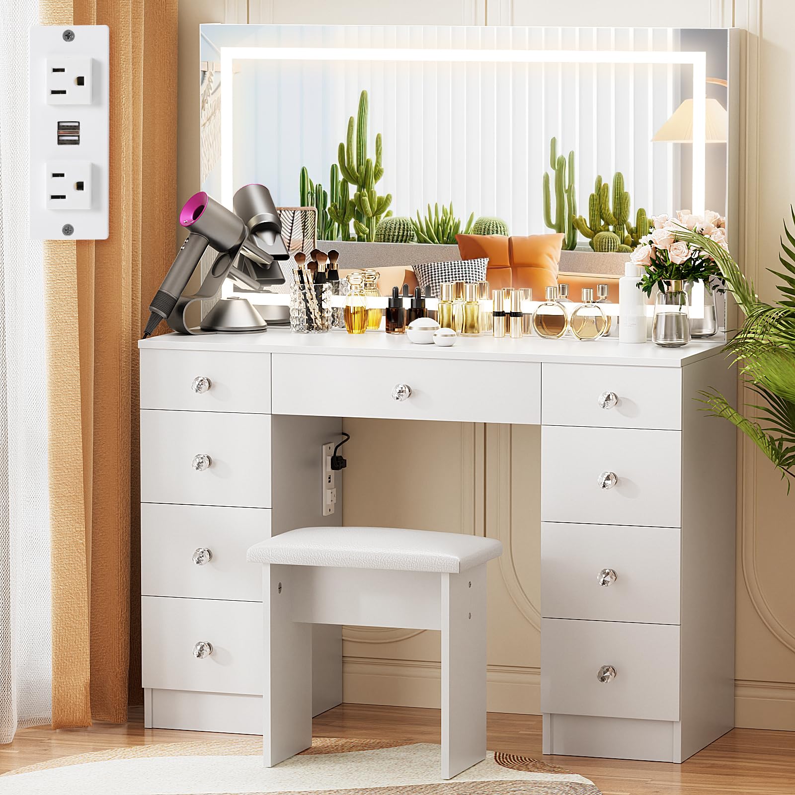 Vowner Vanity With Lighted Mirror - Makeup Vanity Desk With Power Outlet And 9 Drawers, 3 Color Lighting Modes Adjustable Brightness, 43' Vanity Table With Soft Cushioned Stool For Bedroom, White
