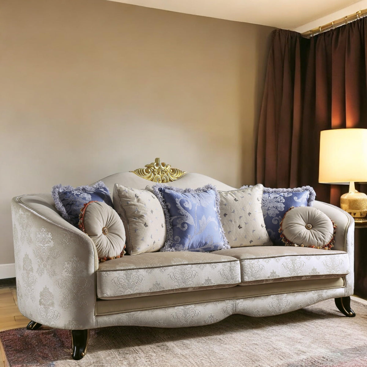 Acme Sheridan Fabric Upholstered Sofa with 7 Pillows in Cream Fabric