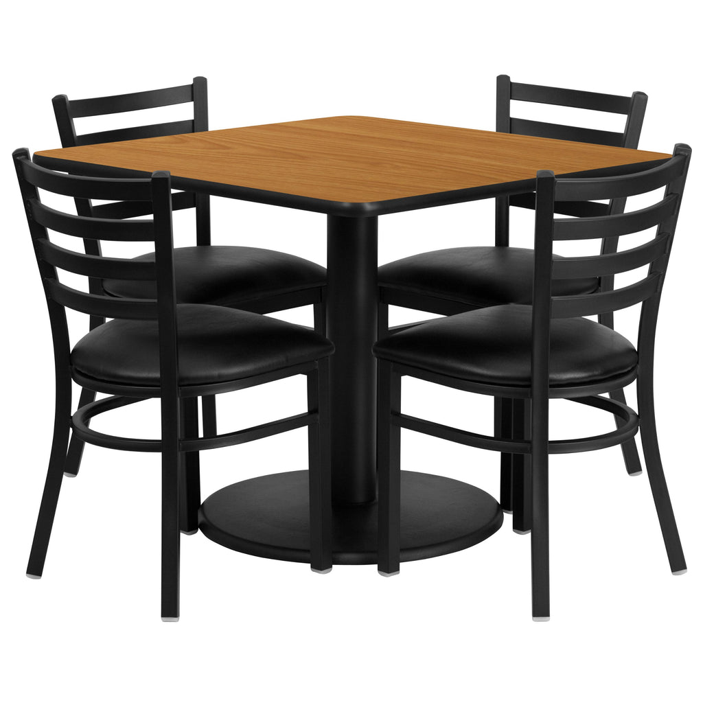 Flash Furniture Jamie 36'' Square Natural Laminate Table Set With Round Base And 4 Ladder Back Metal Chairs - Black Vinyl Seat