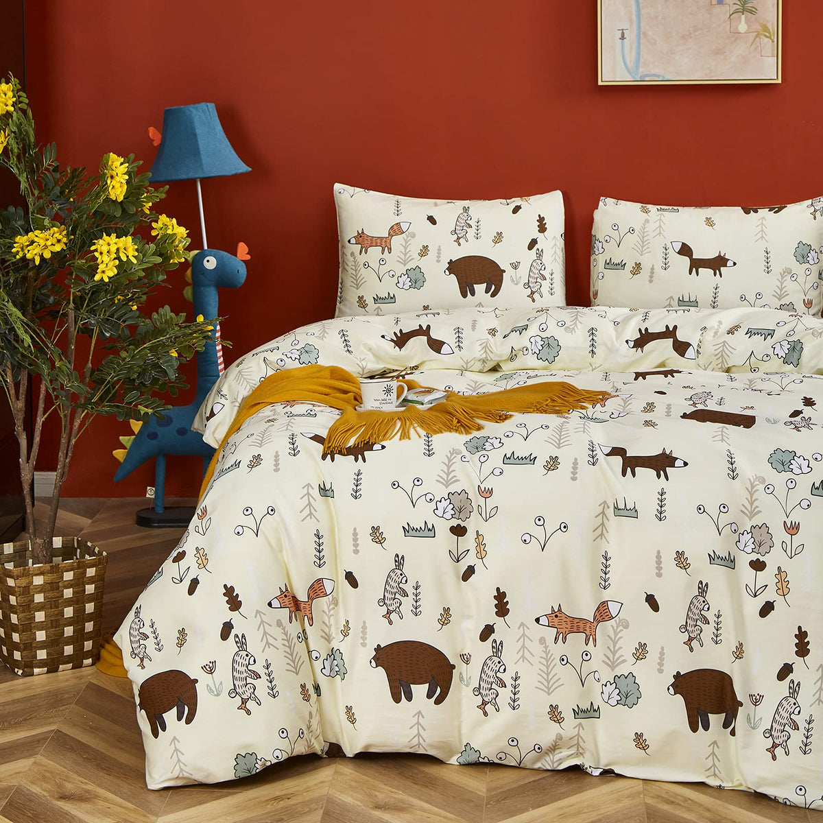 Clothknow Kids Comforter Sets Full Yellow Bear Comforter Full Boys Girls Bedding Cartoon Fox Bed Set Theme Woodland Forest Animal Bedding 3Pcs Bedding Comforter Sets Full