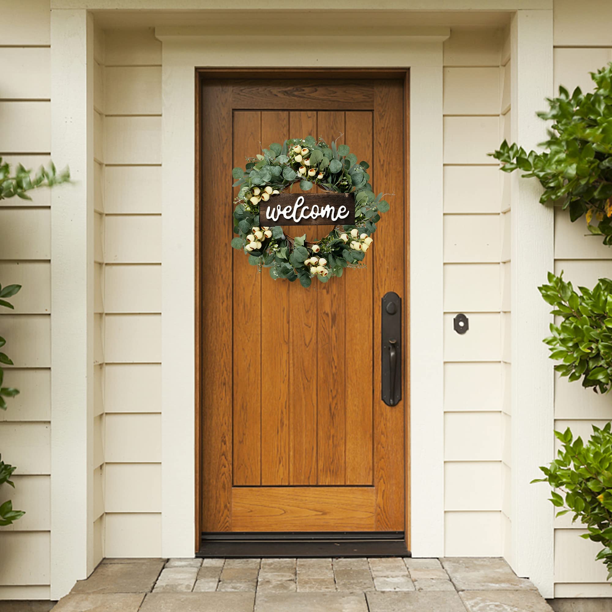 Sggvecsy Green Artificial Eucalyptus Wreath With Welcome Sign 20In Spring Summer Wreath With White Berries For Front Door Wall W