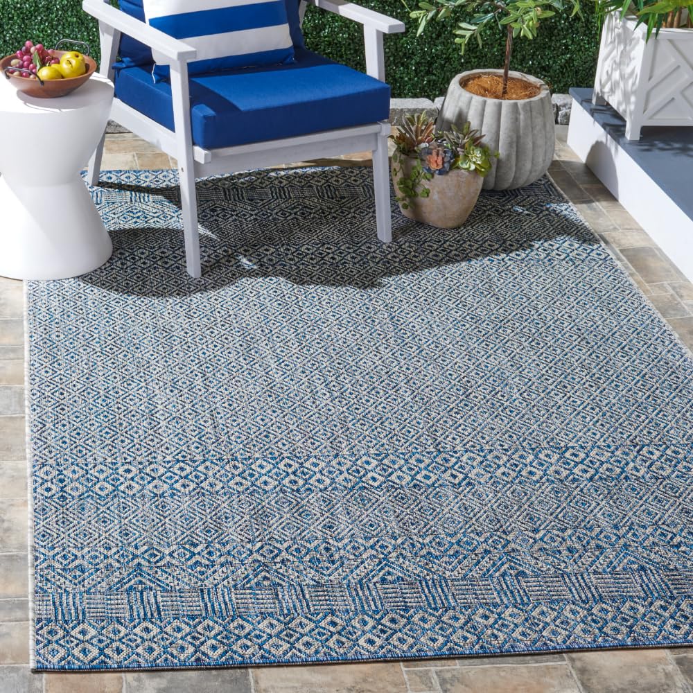 Safavieh Courtyard Collection 4' X 5'7' Grey/Blue Cy8235 Indoor/ Outdoor Waterproof Easy Cleaning Patio Backyard Mudroom Accent Rug