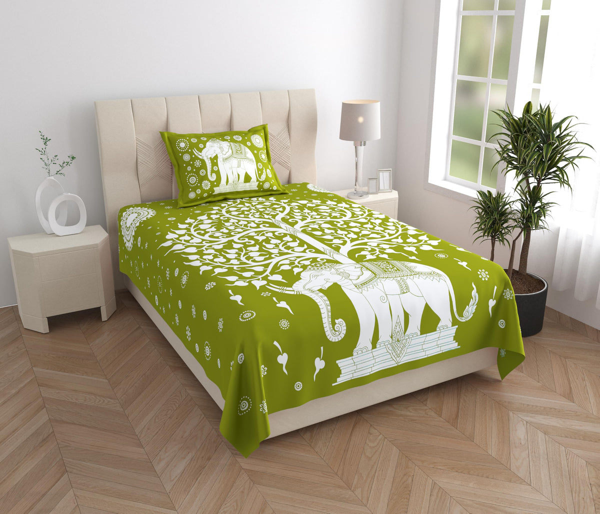 Single Cotton Bed Sheet with Pillow Cover, Green Elephant Print