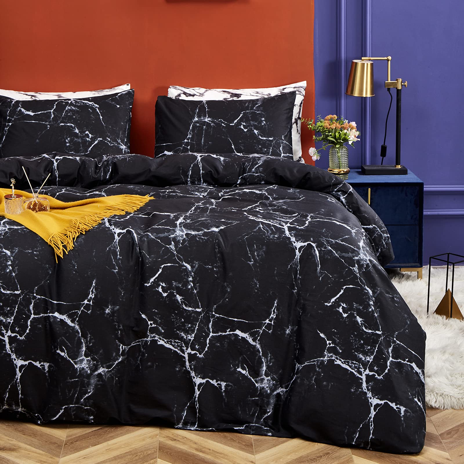Clothknow Black White Comforter Set Full Black Marble Bedding Comforter Sets Full Men Boys Women Comforter Black Comforter Sets 3Pcs Black Comforter Sets Full Size