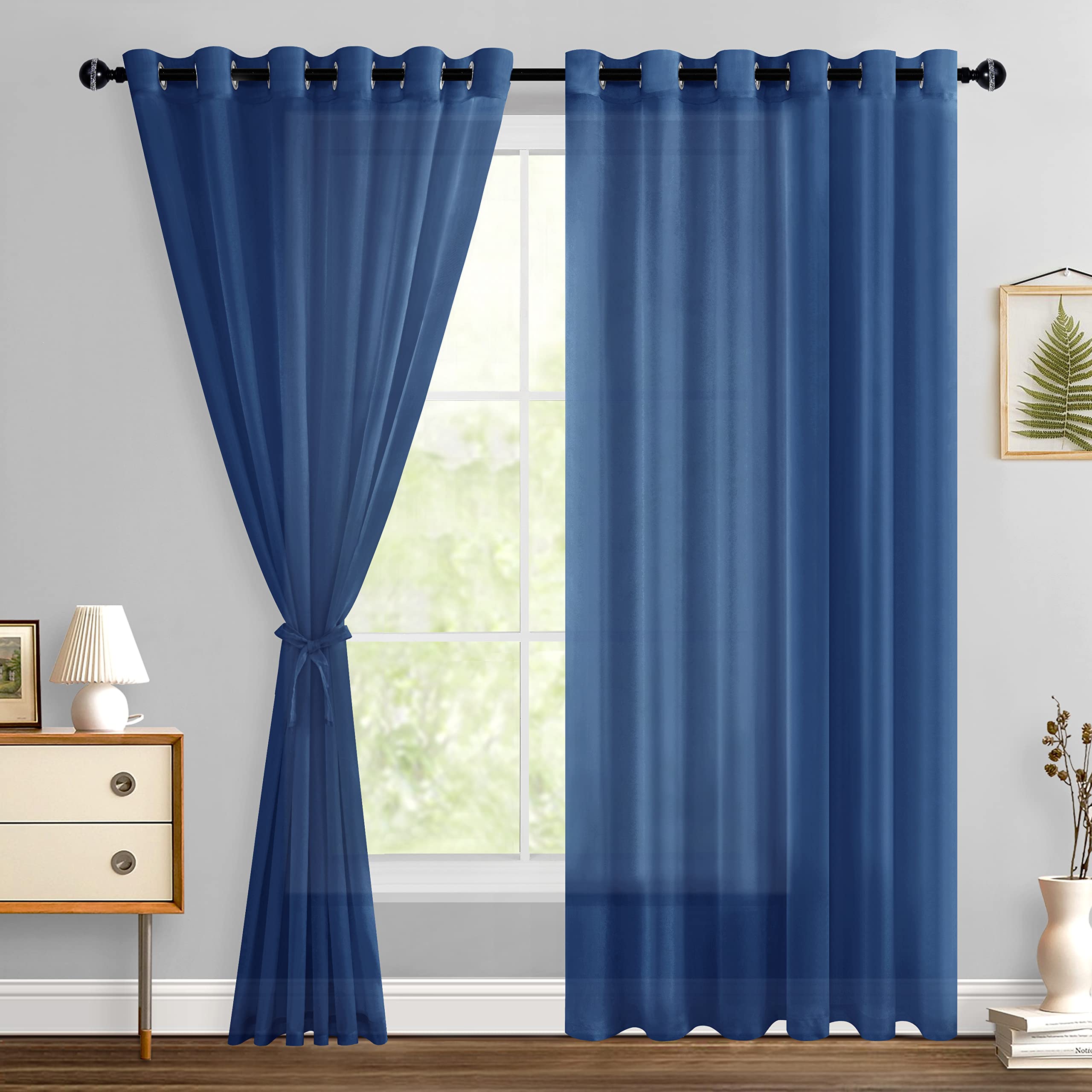 Hiasan Sheer Curtains For Bedroom With Tiebacks, Grommet Light Filtering Extra Wide Voile Texture Window Curtains For Living Room, Kids' Room And Nursery, Navy Blue, W70 X L84, 2 Soft Drape Panels