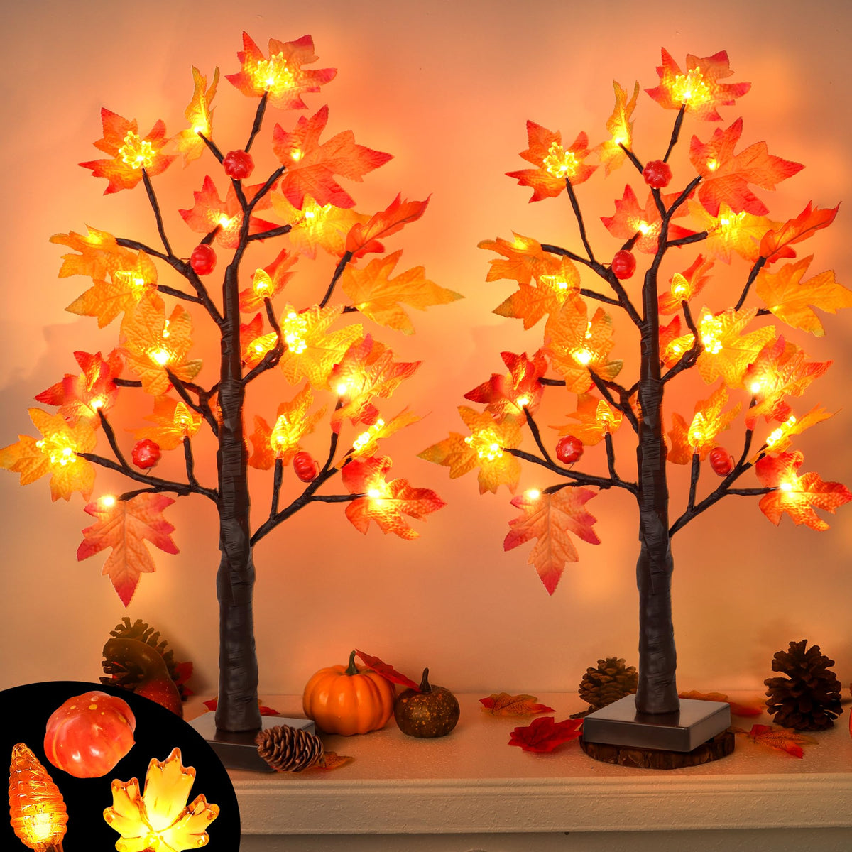 2 Pack 24 Inch Prelit Fall Maple Tree Decor with 48 LED Timer Fall Thanksgiving Decorations Battery Operated Lighted Pumpkin Aco