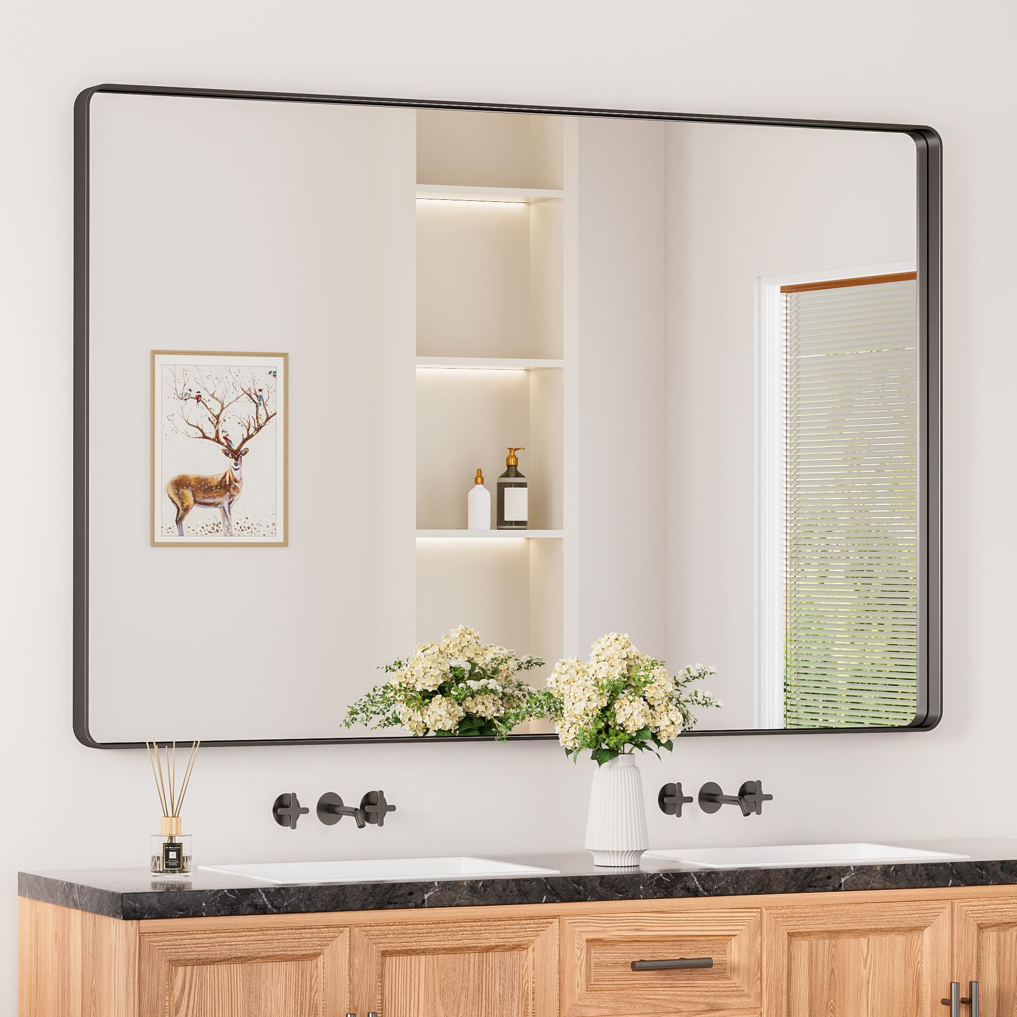 Keonjinn Black Bathroom Mirror for Over Sink, 60 x 40 Inch Large Rounded Rectangle Bathroom Vanity Mirror, Matte Black Farmhouse