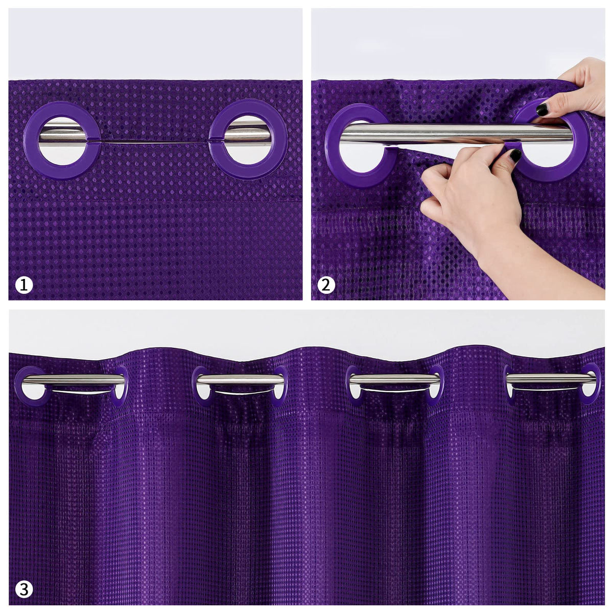 Mitovilla No Hooks Required Purple Waffle Shower Curtain Set With Snap-In Liner, Modern Heavyweight Fabric Shower Curtain For Ho