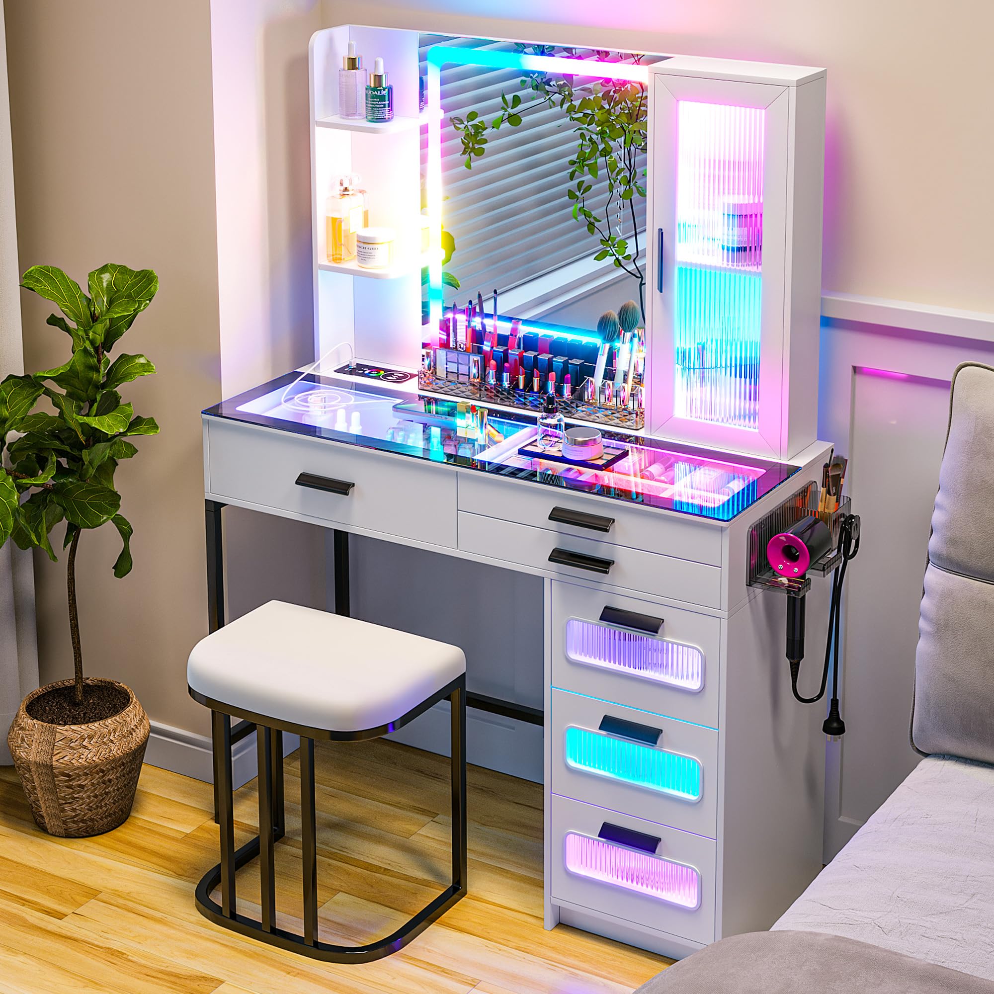 HENBC Vanity with Mirror and LED Lights, Glass Top Vanity Desk with Charging Station(Wireless+USB+Type-C), RGB Makeup Table Set 