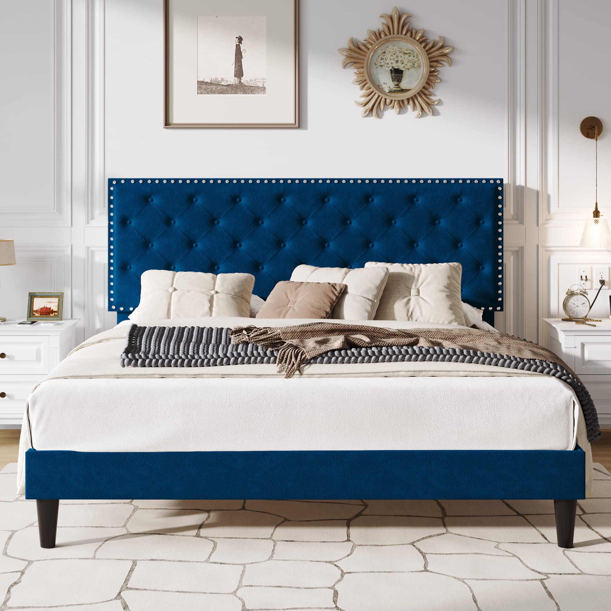 SHA CERLIN King Size Velvet Bed Frame with Adjustable Headboard, Diamond Button Tufted and Rivet Decor, No Box Spring Needed, Bl