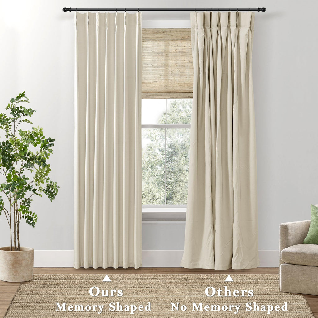 Shineland Beige Blackout Curtains 96 Inches Long For Farmhouse Living Room,Light Blocking Linen Pinch Pleated Shabby Chic Curtains For Bedroom Farm House 2 Panels Set