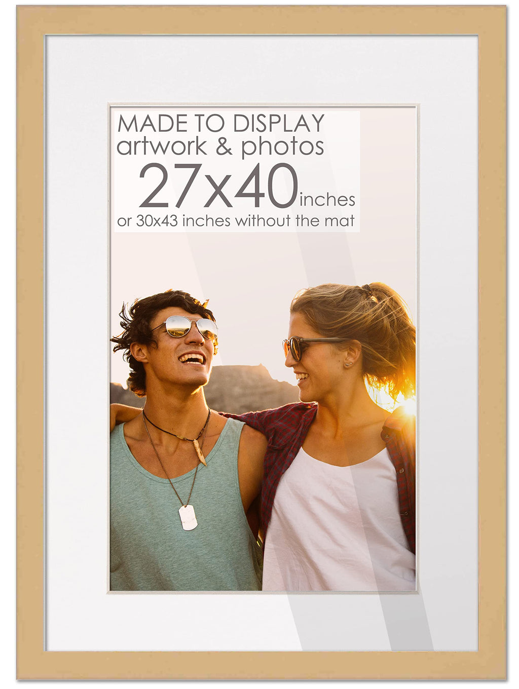 27x40 Natural Wood with White Mat | 30x43 Frame Matted to 27x40 | Display Your Picture Under UV Acrylic Shatter Guard Front, wit