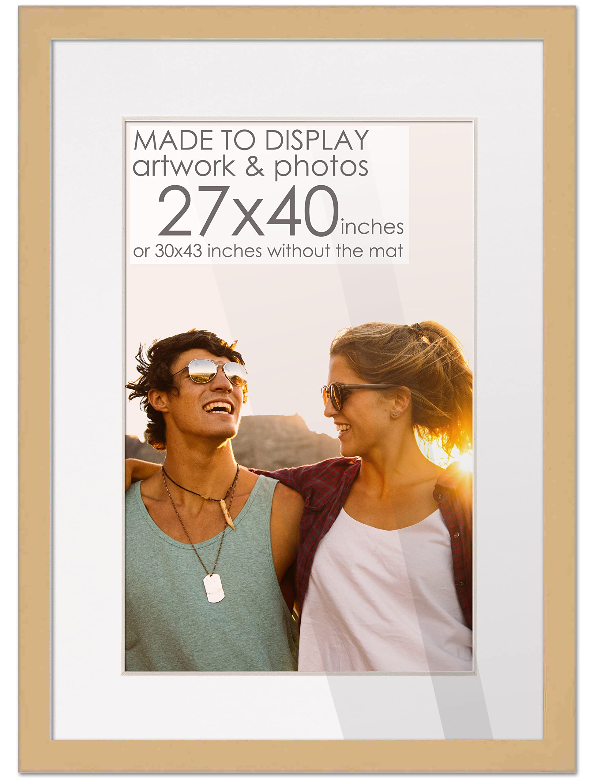 27x40 Natural Wood with White Mat | 30x43 Frame Matted to 27x40 | Display Your Picture Under UV Acrylic Shatter Guard Front, wit