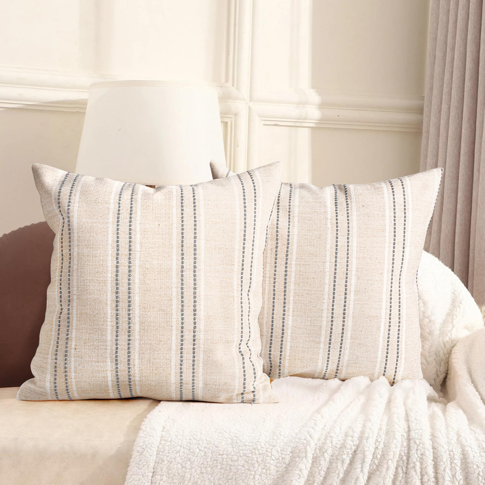 Aels 24X24 Decorative Farmhouse Linen Throw Pillow Covers, Boho Textured Pillow Case, Set Of 2, Beige With White & Gray Stitch Y