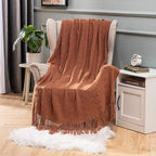 MIULEE Knitted Boho Throw Blanket, 50x60, Textured Knit in Terracotta Rust with Tassels, Cozy Farmhouse Decor for Couch or Bed