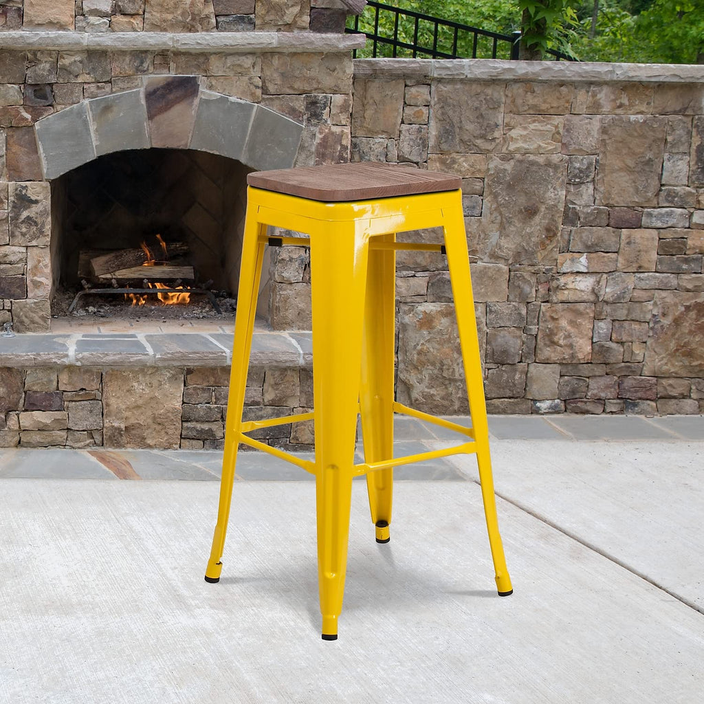 Flash Furniture Lily 30" High Backless Yellow Metal Barstool with Square Wood Seat