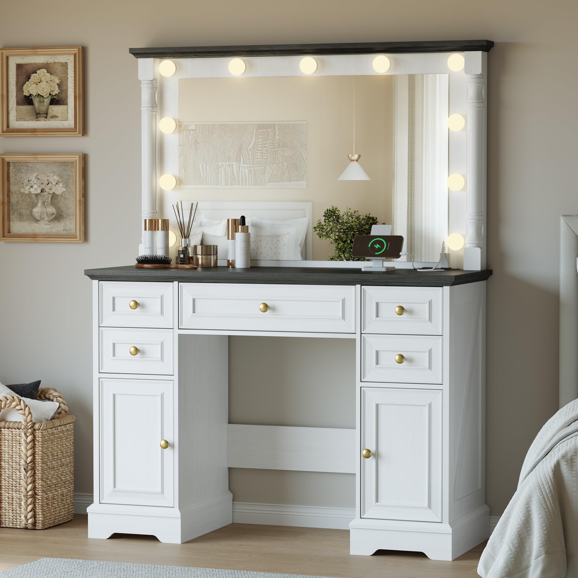 Vanity Desk with 38 Large Mirror and 11 LED Lights, Adults Makeup Vanity with 5 Drawers and 2 Cabinets & Power Outlet and 3 Ligh