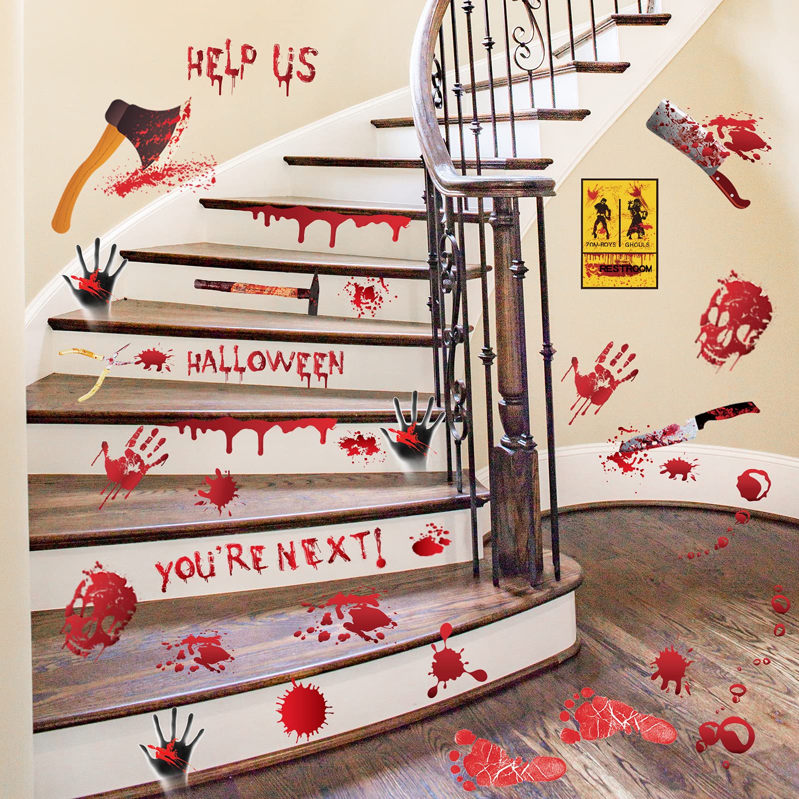 84Pcs Halloween Decorations Handprint Footprint Stickers Clings Decals Window Bathroom Floor Restroom Zombie Decorations Hallowe