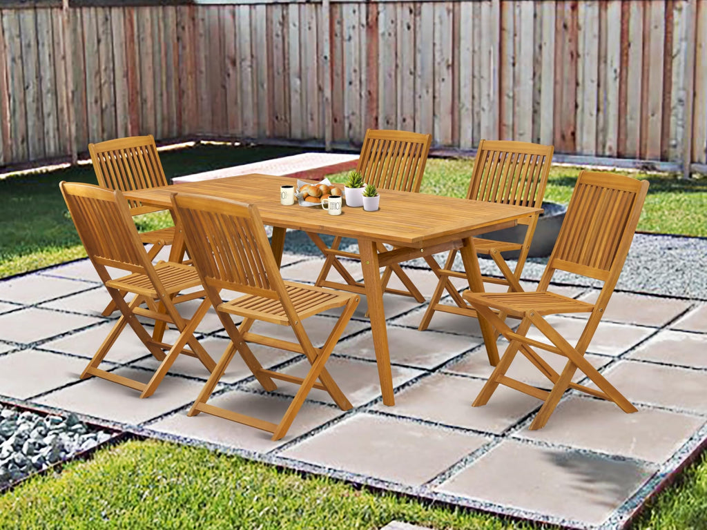 East West Furniture Decm7Cwna 7 Piece Patio Garden Table Set Consist Of A Rectangle Outdoor Acacia Wood Dining Table And 6 Folding Side Chairs, 40X72 Inch, Natural Oil
