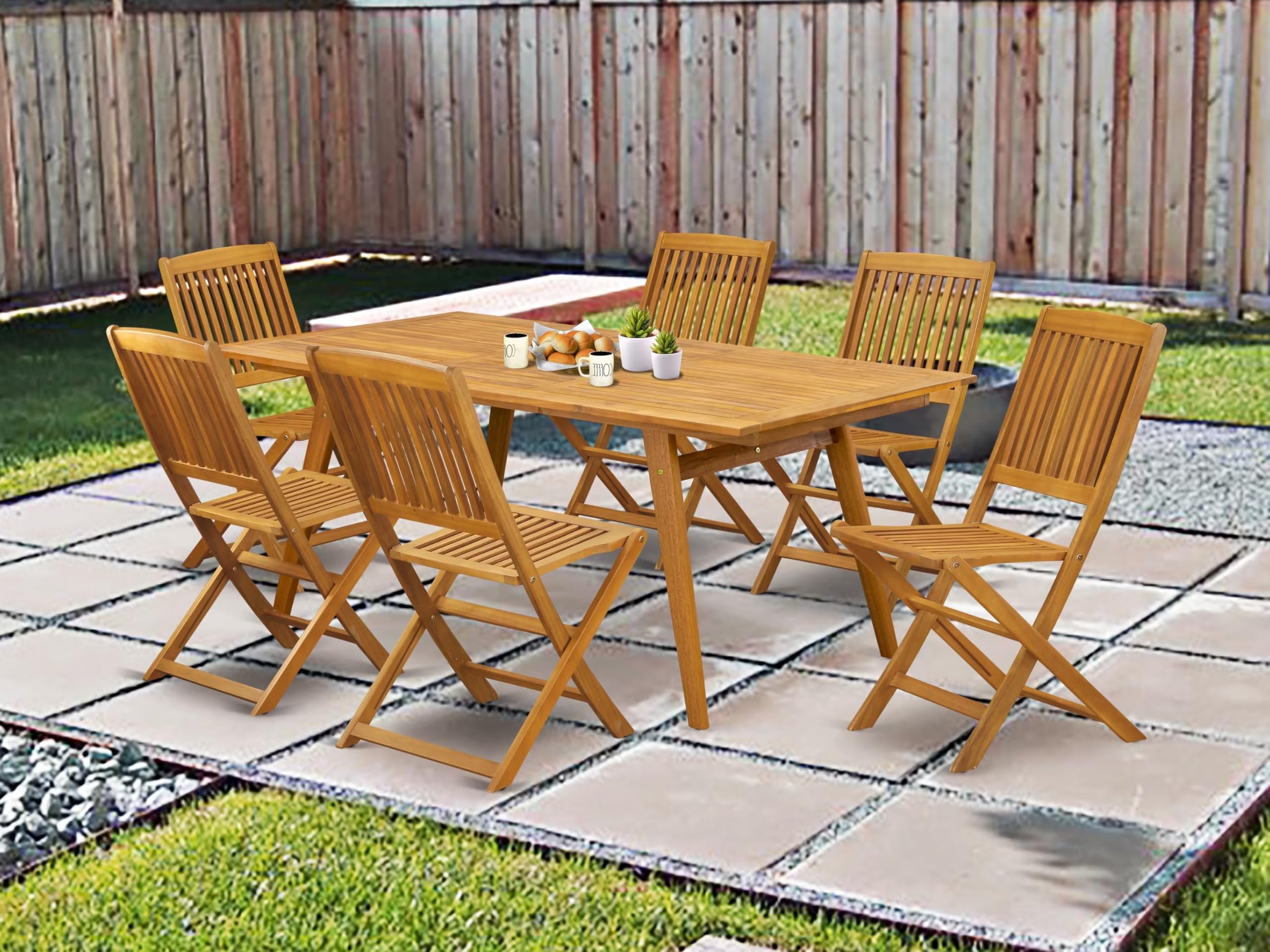 East West Furniture Decm7Cwna 7 Piece Patio Garden Table Set Consist Of A Rectangle Outdoor Acacia Wood Dining Table And 6 Folding Side Chairs, 40X72 Inch, Natural Oil