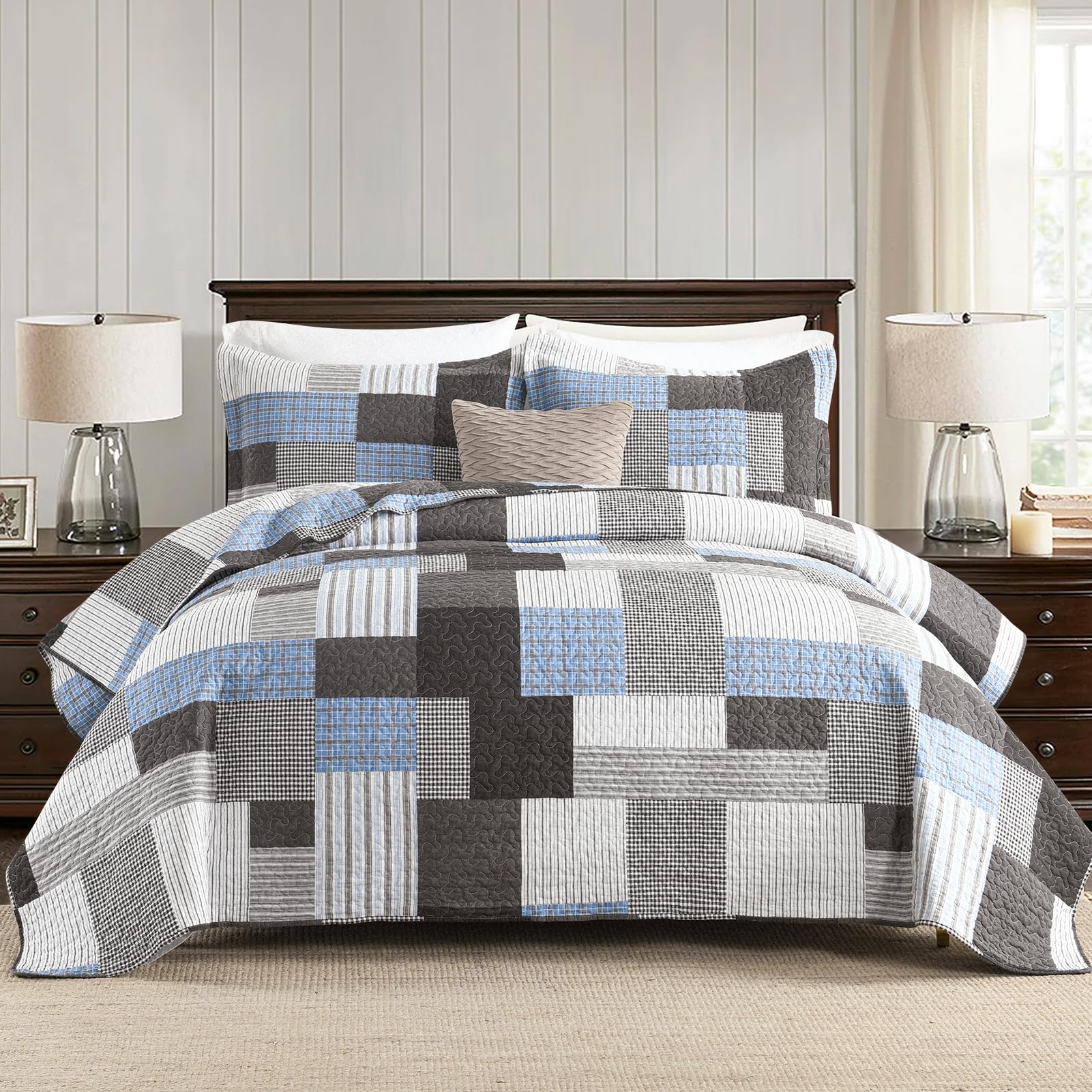 Sahsahcasa Quilt Queen Size, Queen Quilt Set, 100% Cotton Queen Quilt Bedding Set Bedspreads, Farmhouse Patchwork Quilt, Plaid R
