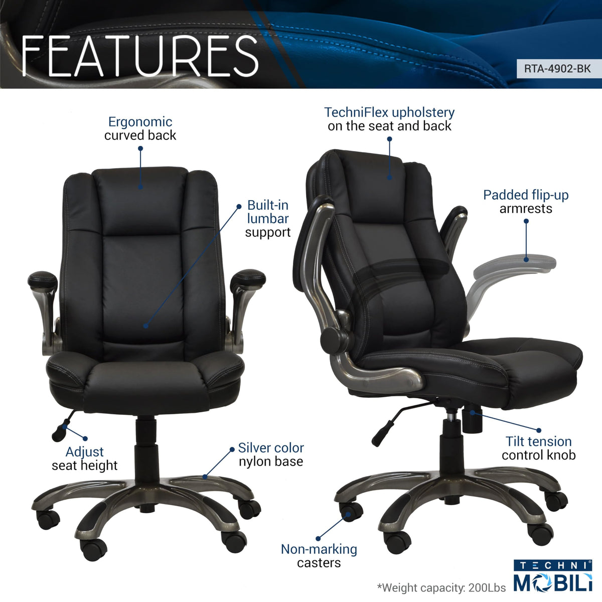 Techni Mobili Executive Leather Office Chair, Black, Height Adjustable, Padded Flip Up Armrests, Tilt Control, PU Desk Chair
