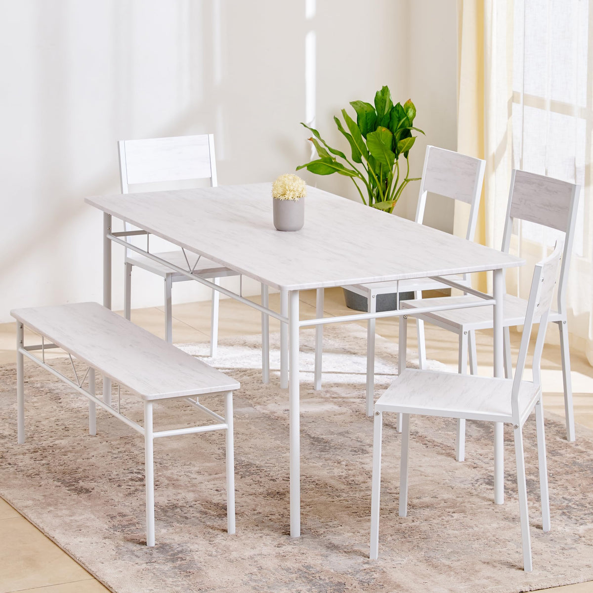 Home Centre 6 Seater Lia Rubber Wood Dining Set | Rubber Wood Dining Table With 4 Cushion Chair And 1 Cushion Bench | (Brown) | 
