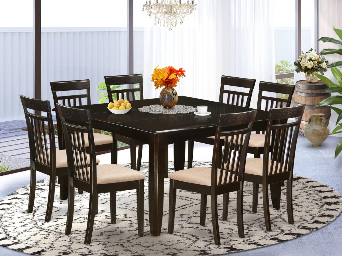 East West Furniture Pfca9-Cap-C 9 Piece Modern Dining Table Set Includes A Square Wooden Table With Butterfly Leaf And 8 Linen Fabric Kitchen Dining Chairs, 54X54 Inch, Cappuccino