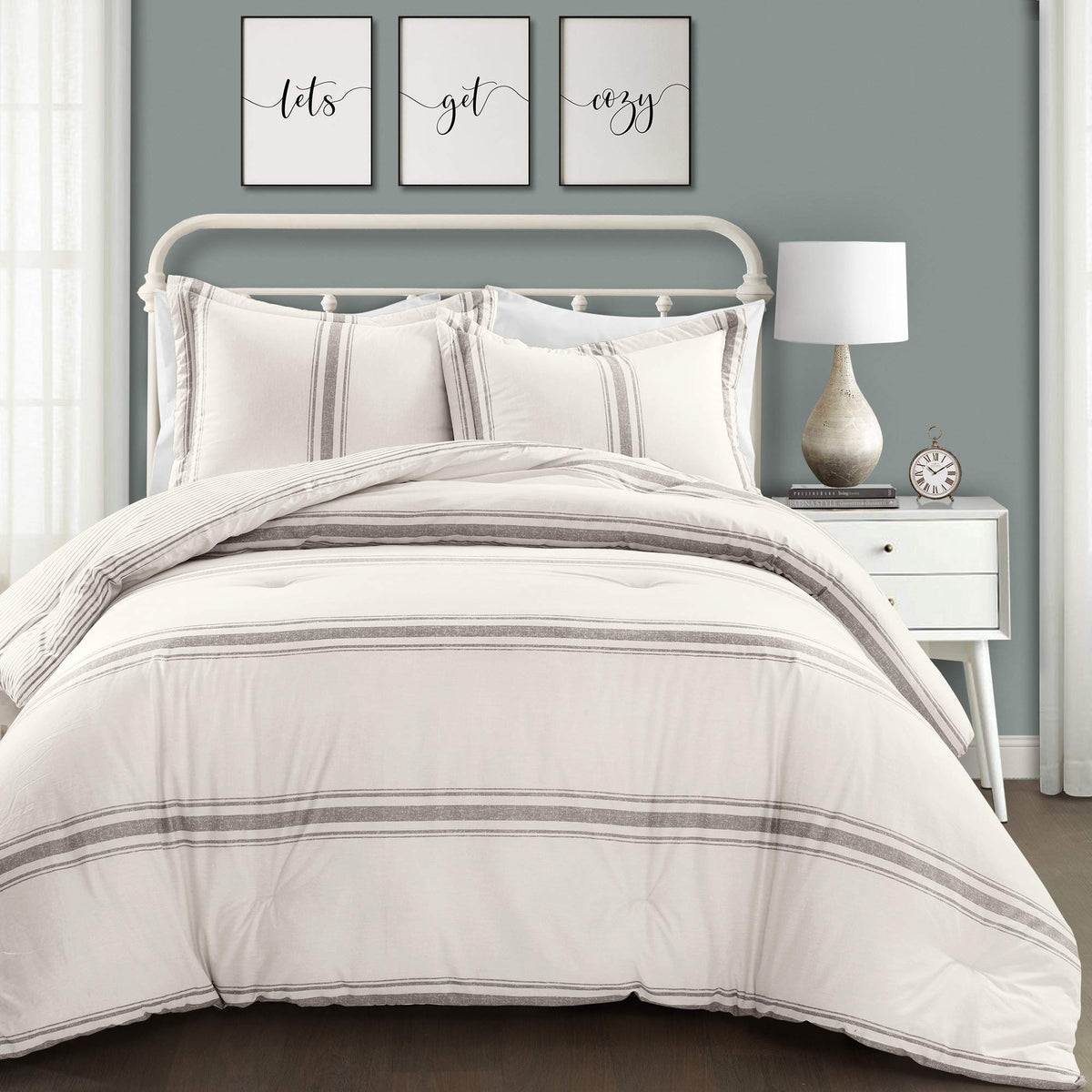 Lush Decor Farmhouse Stripe Reversible Cotton Comforter Set, 3 Piece Set, King, Gray  Cozy F??Rmhouse Bedding Set  Rustic Deco