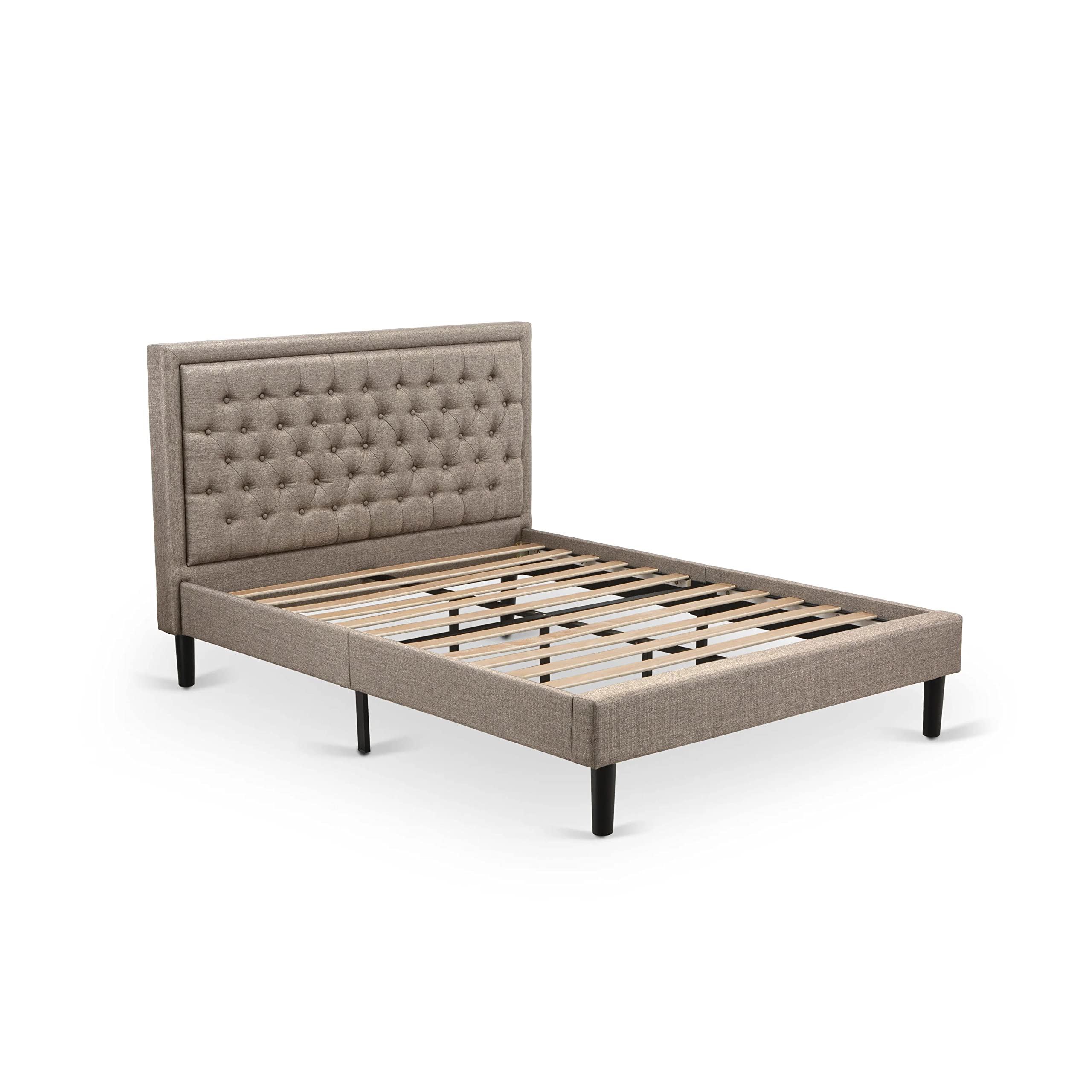 East West Furniture KDF-16-Q Platform Queen Size Bed - Dark Khaki Linen Fabric Upholstered Bed Headboard with Button Tufted Trim Design - Black Legs
