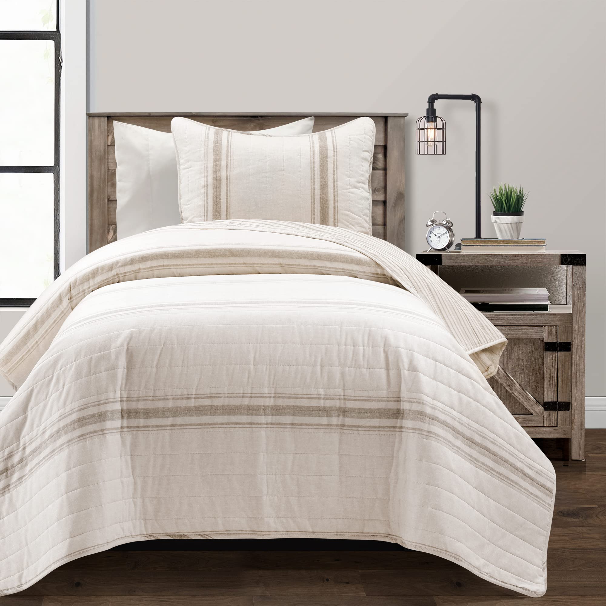 Lush Decor Farmhouse Stripe Reversible Quilt Set, 2 Piece Set, Twin Xl, Neutral - Twin Bedding Set - Dorm Decor - Striped Quilt