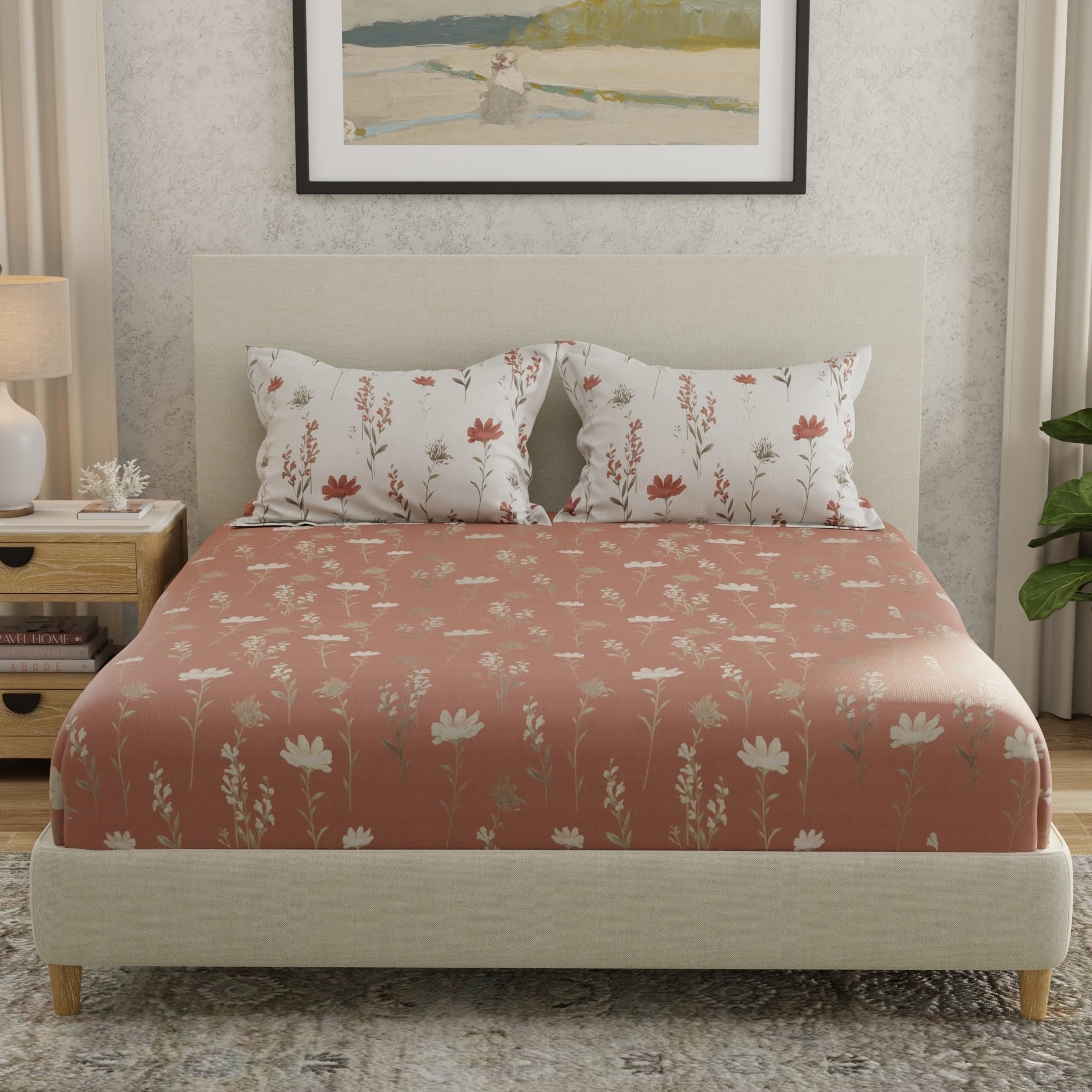 Huesland By Ahmedabad Cotton 144 Tc Double Bedsheet Cotton With 2 Pillow Covers | Rust, White