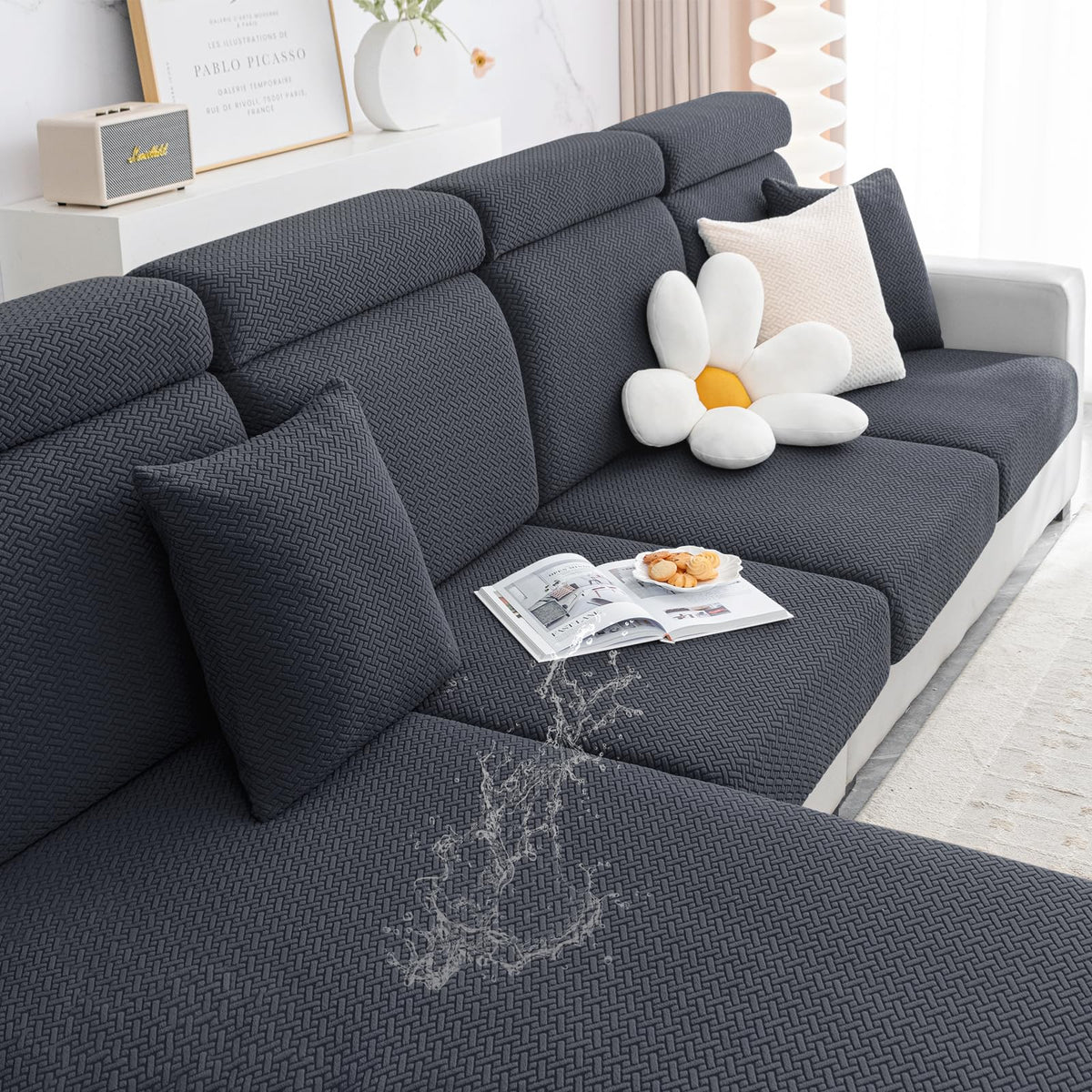 Smiry Waterproof Couch Cushion Covers, Stretch Jacquard Sectional Couch Covers, L Shape Chaise Lounge Sofa Slipcover, Washable Elastic Furniture Protector For Pets, Kid (Medium, Dark Grey)
