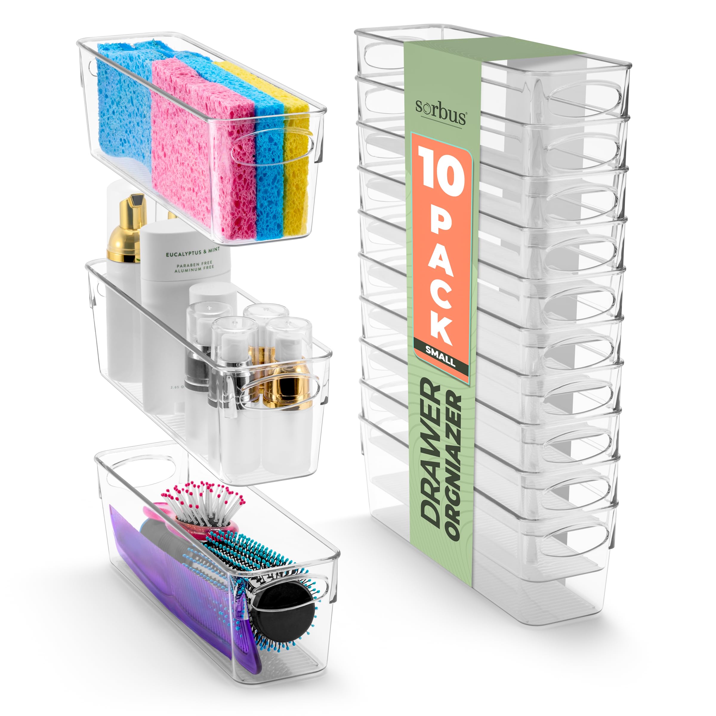 Sorbus Small Clear Plastic Storage Bins for Organizing, 10 Pack Clear Organizer Bins with Handles, Plastic Storage Bins for Clos