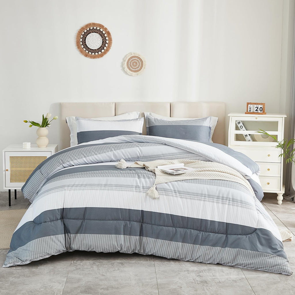 Litanika Queen Comforter Set Light Grey - 3 Pieces Lightweight Gray White Colorblock Stripe Fluffy Bedding Comforter Sets, All S