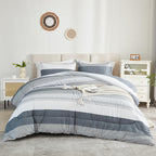 Litanika Queen Comforter Set Light Grey - 3 Pieces Lightweight Gray White Colorblock Stripe Fluffy Bedding Comforter Sets, All S