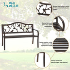 Phi Villa Outdoor Garden Park Bench Patio 50' Metal Bench, Steel Frame Bench With Backrest And Armrests For Porch, Lawn, Balcony, Backyard And Indoor, Bronze
