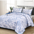 Wongs Bedding Blue Quilt Set Full Size, 3 Pieces Botanical Bedspreads Set Lightweight Microfiber Blue Plants Pattern Coverlet Ho